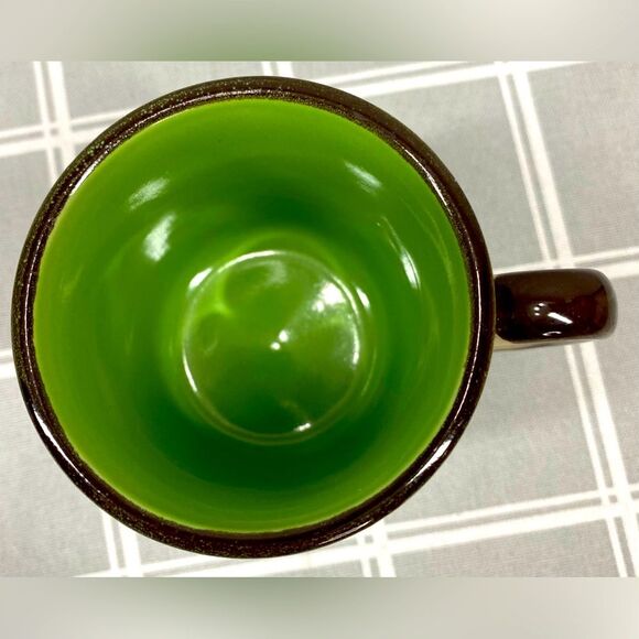 Stoneware Coffee Cup White Brown Cobalt Blue Flower Green Interior Mug Vtg 70s - Picture 5 of 11